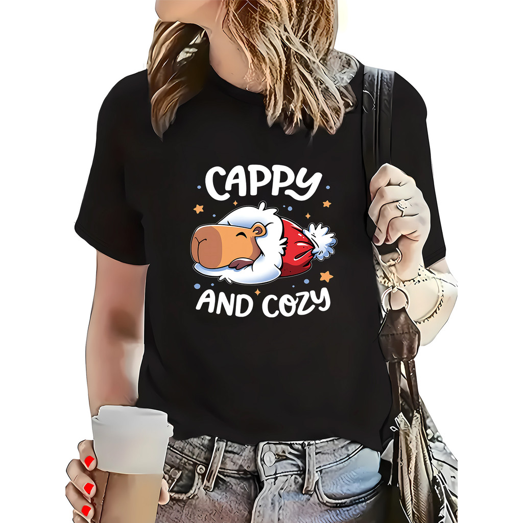BR Moonlight Camiseta Feminina Plus Size Capivara Natal Festiva Cappy Cozy Divertida Confortável Festiva