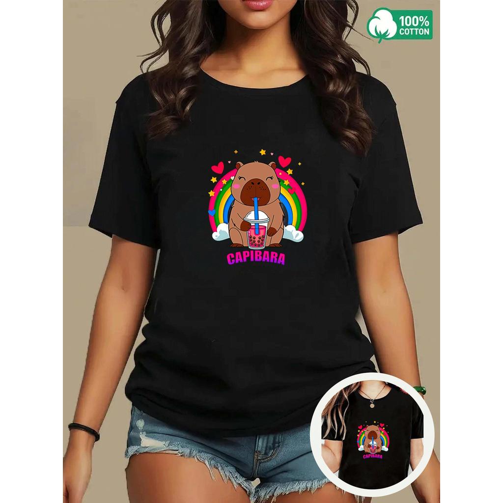 BR Moonlight Camiseta Capivara Arco Íris Preto Branco Unisex Confortável Estilosa Divertida Casual