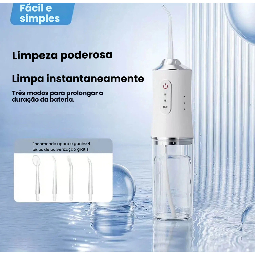Irrigador Dental Portátil Recarregável 220ml com 4 Bicos – Limpeza Profunda, Potente e Silenciosa para Higiene Bucal em Oferta na Shopee