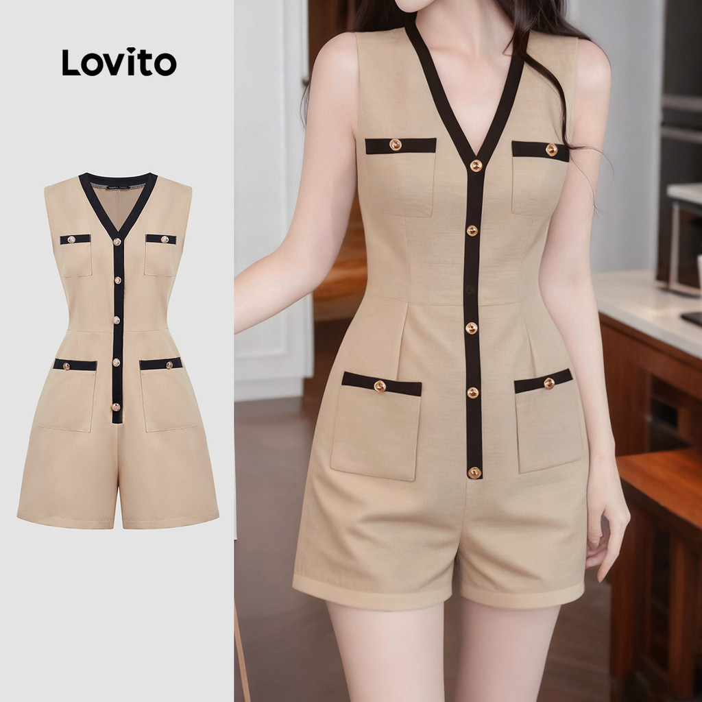 Lovito Macacão Casual com Botões Bloco de Cores Primavera/verão Cáqui para mulheres L158ED1568