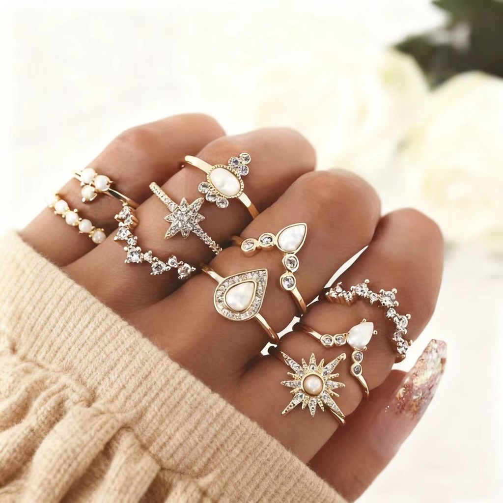 Conjunto de 10 Anéis de Liga Metálica com Diamantes Pérolas e Formato de Estrela e Gota  Joias Femininas para Presente em Oferta na Shopee