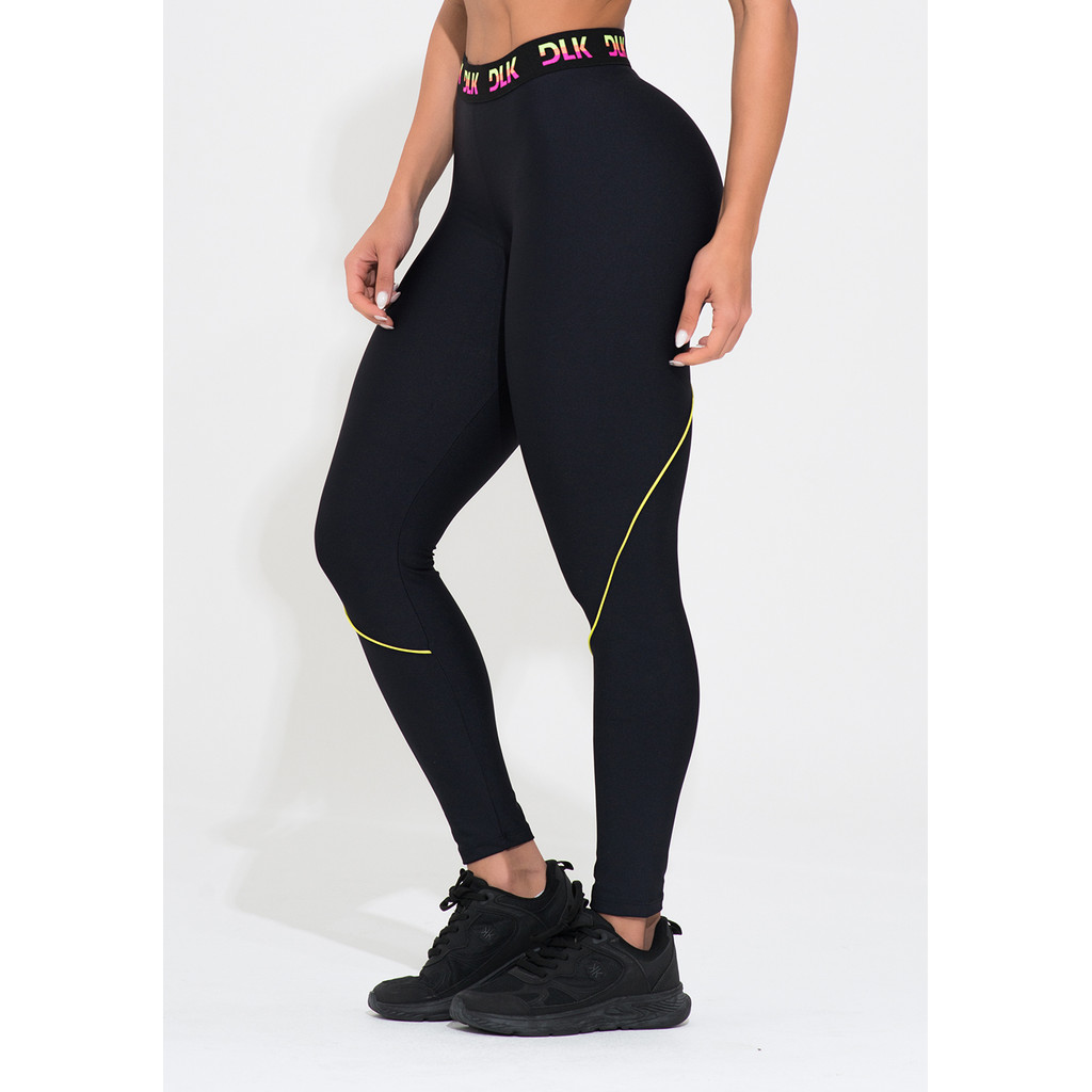 LEGGING FITNESS FEMININA ELÁSTICO COLORIDO NA CINTURA ACTION DLK em Oferta na Shopee