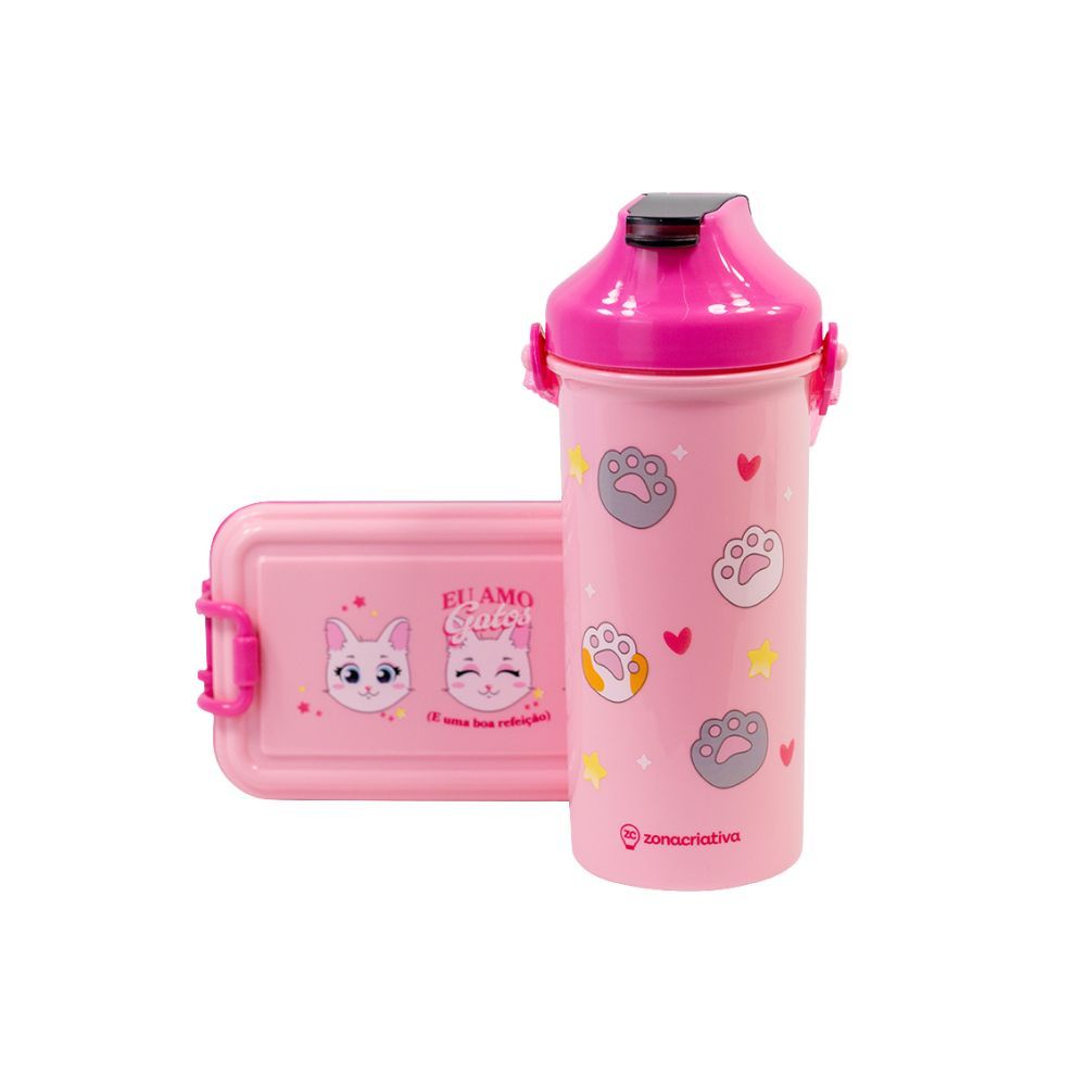 Kit Marmita Lancheira Garrafa e Talher Infantil Eu Amo Gatos Zona Criativa Criança Escolinha Lunch Box em Oferta na Shopee