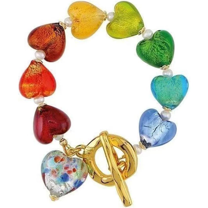 Pulseira De Pérola De Coração Arco-Íris Boêmia Fofa – Corrente Ajustável Com Anéis De Metal , Joias De Empilhamento Artí