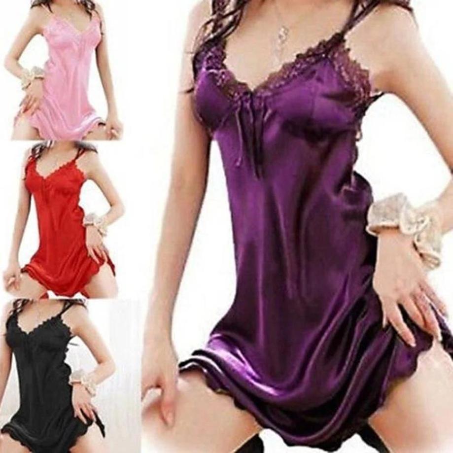 1 Pçs Feminino Sexy Pijamas Camisola De Cetim Seda Babydoll Rendas Roupões Vestido De Dormir Saia Senhora Fora Do Ombro