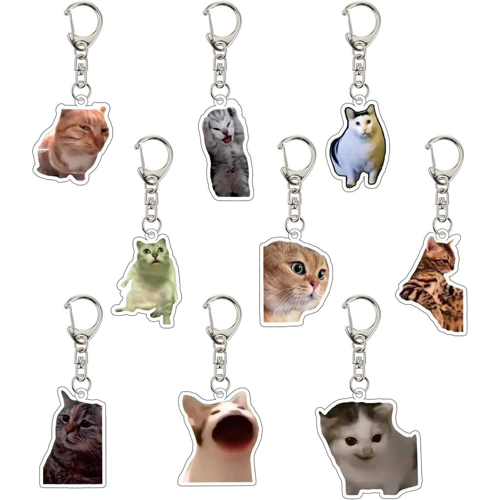 Adorável 9 Pçs Engraçado Gato Meme Chaveiro Bonito Saco Encantos Para Mulheres Bolsa Chaves Do Carro Acessórios Festa Fa
