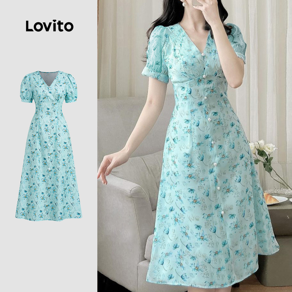 Lovito Vestido Elegante com Botões Na Frente Primavera/verão Vestido Azul para mulheres L142LD592