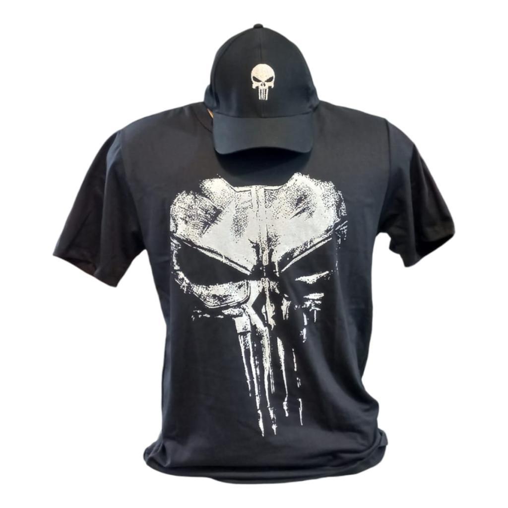 Fantasia Justiceiro Carnaval Camiseta e Boné Preto