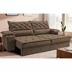 Sofá Retrátil e Reclinável 2,40m com Porta Copos e Molas Cosmos Velusoft Castor Cama inBox