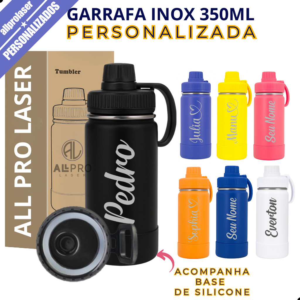 Garrafa Térmica Infantil 350ml + Base Silicone Personalizada a Laser Logo Nome Time em Oferta na Shopee