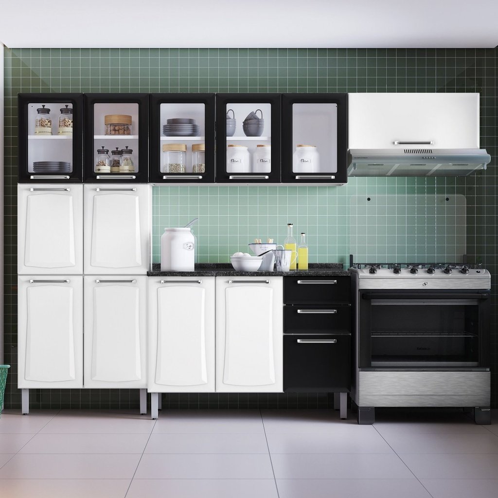 Cozinha Modulada Compacta em Aço 4 Peças 13 Portas 2 Gavetas Paneleiro Duplo Tarsila Itatiaia  Branco/Preto