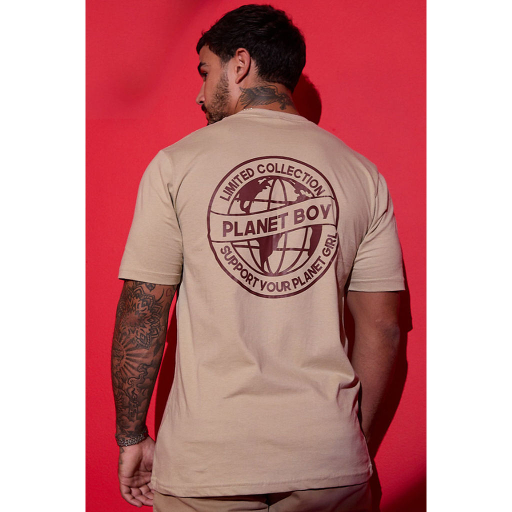 Camiseta Masculina Casual Planet Boy Bege em Oferta na Shopee