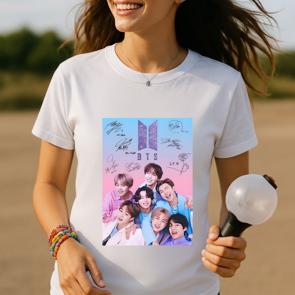 Camiseta T-shirt BTS Com Autográfos Algodão 100% Fio 30.1 Blusa Feminina Casual Jungkook Hope Suga
