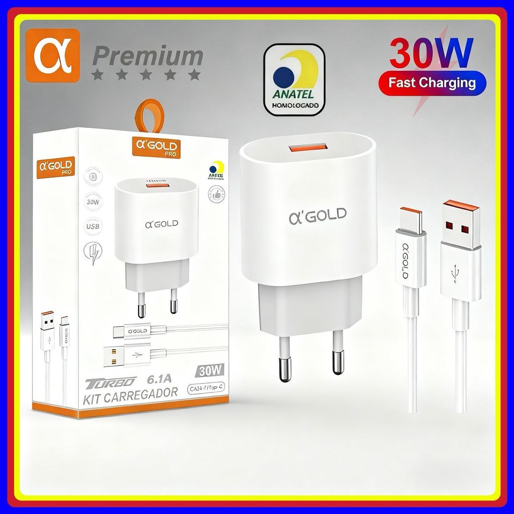 Kit Carregador 30W Turbo 6.1A USB + Cabo tipo c Carregamento rápido original A’Gold em Oferta na Shopee