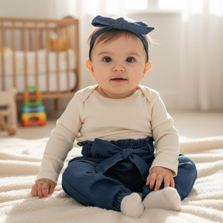 Conjunto Para Bebê Body Longo E Calça Jeans Com Faixinha Creme em Oferta na Shopee