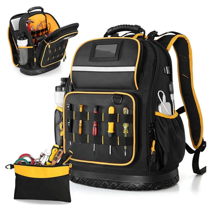 Mochila de Ferramentas em Tecido Oxford com Fundo Rígido, Bolsa de Ferramentas com Múltiplos Bolsos e Compartimento para