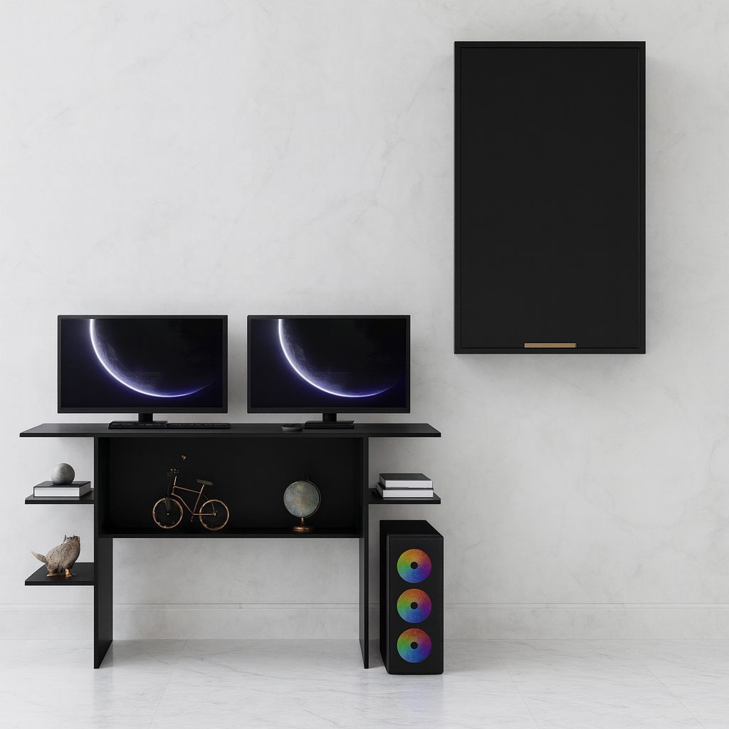 Conjunto Mesa Escrivaninha p/ Computador + Armário de Parede Multiuso c/ 4 Prateleiras e 1 Porta