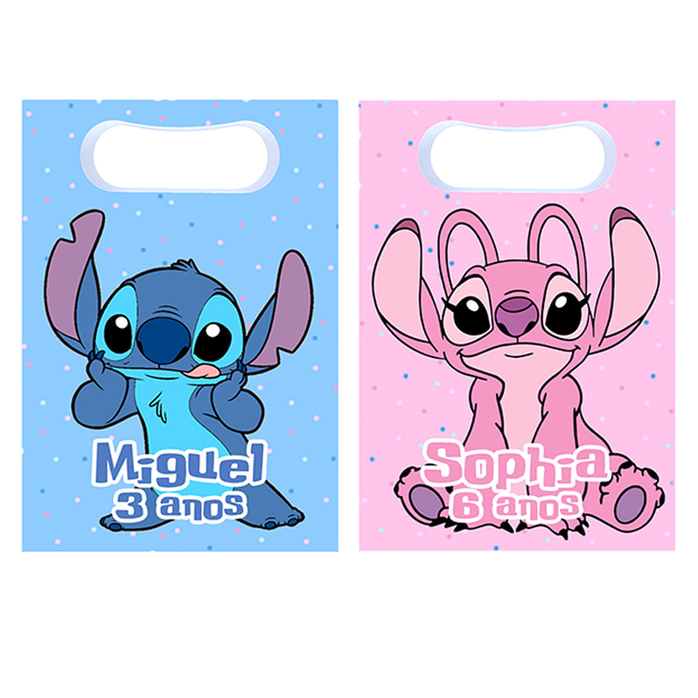 Sacolinhas Surpresa Stitch Angel Personalizada Lembrancinha para festa com nome e idade disney