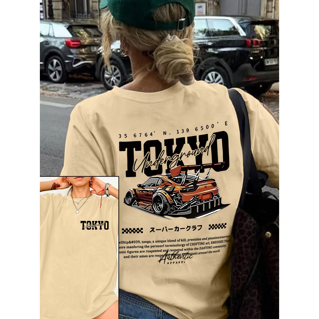 Camiseta Feminina T-shirt Estampada “TOKYO” – Blusa Bege Casual de Verão Estilo Street Racing