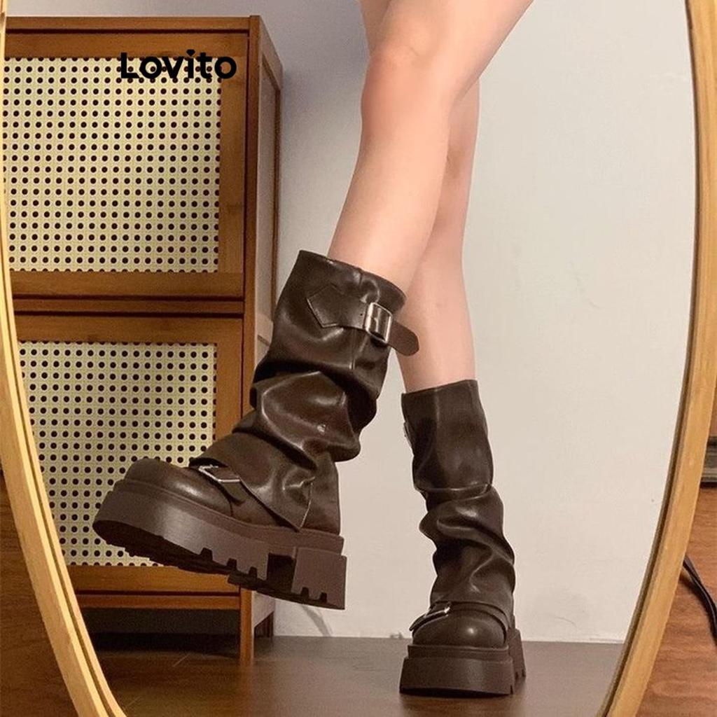 Lovito Vintage Plain Brown Maillard Retro Martin Botas Sola Grossa Elevação Versátil Moda Bota para Mulheres LFA56412 em Oferta na Shopee