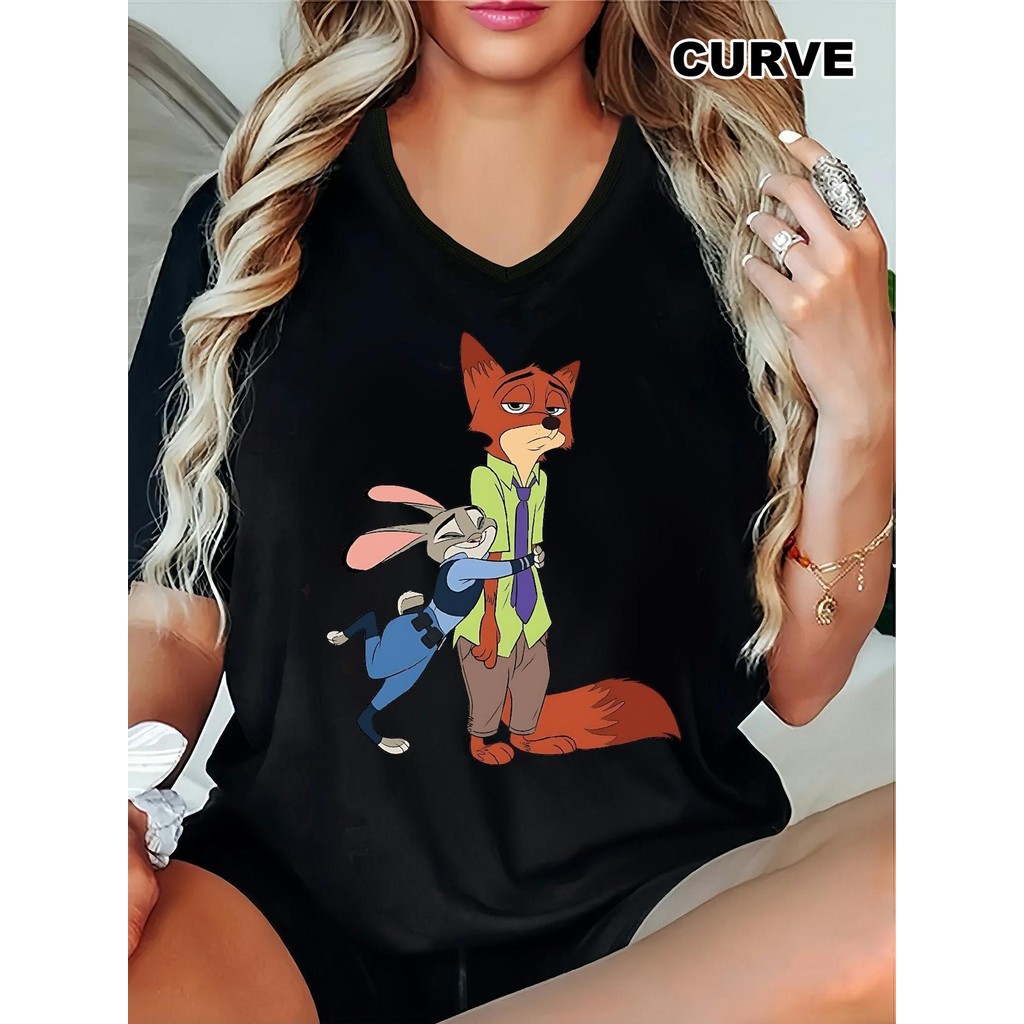 BR Moonlight Camiseta Feminina Plus Size Zootopia Judy Hopps Nick Wilde V Neck Oficial Divertida Confortável Estilosa