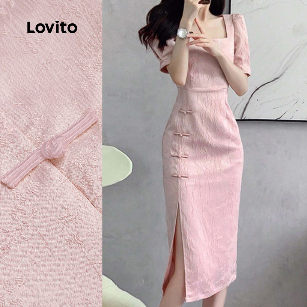 Lovito Vestido Elegante Estilo Chinês Cheongsam Qipao Abertura Frontal E Botões Rosa Mulheres Primavera/verão L158AD1683 em Oferta na Shopee
