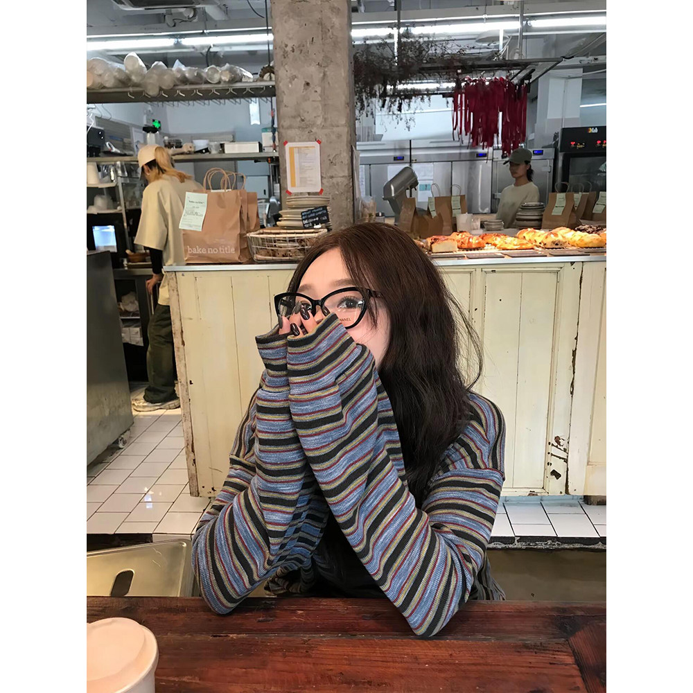 Miu estilo Retro preguiçoso colorido listrado de manga comprida camiseta feminina outono novo estilo solto Casual solto 
