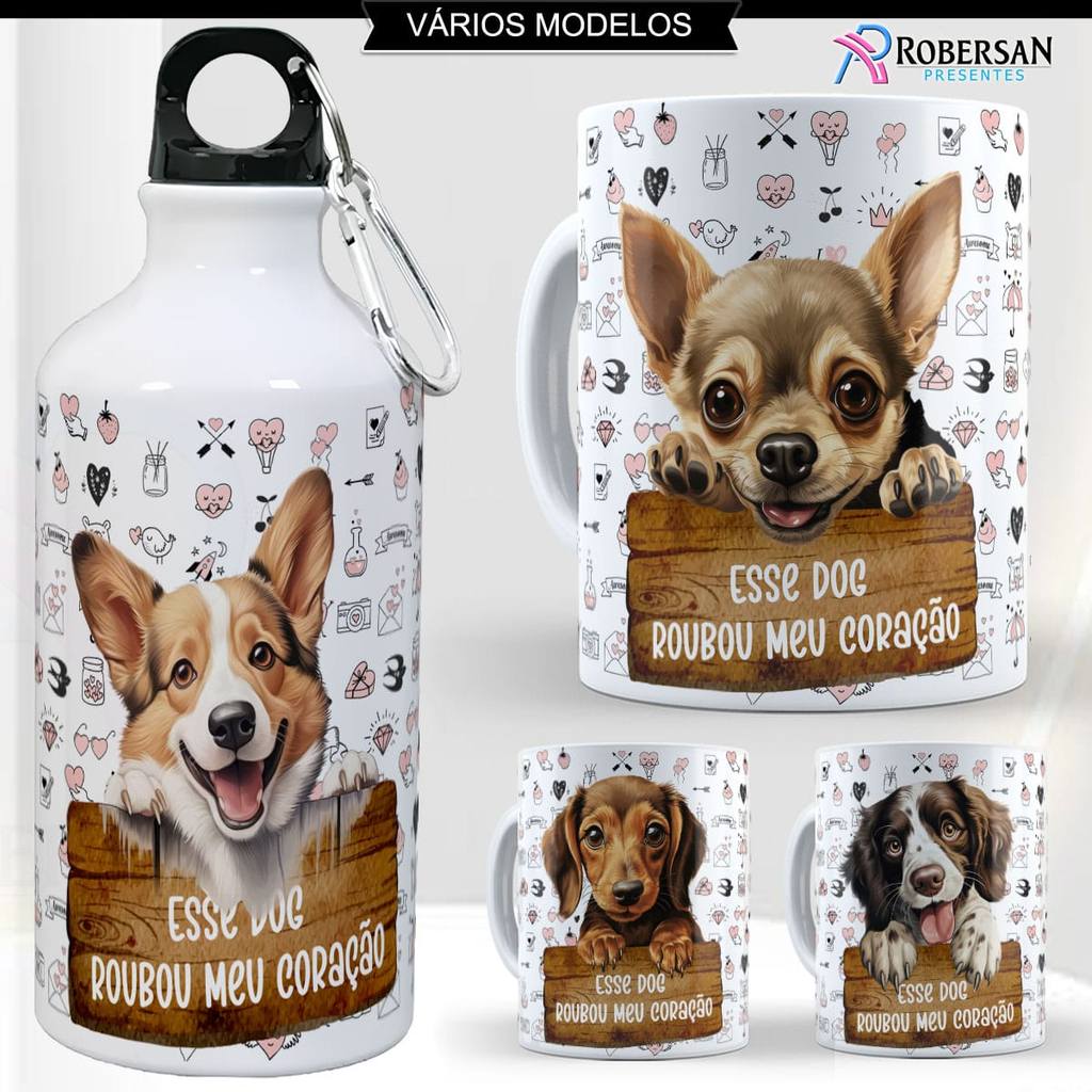 Kit Caneca + Garrafa Raças de Cachorros Pet Squeeze Garrafinha Água Inox Cães Presente Lover Dog