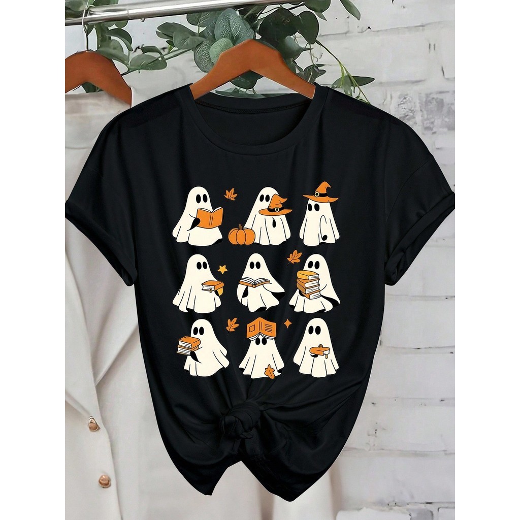 Camiseta de Manga Curta Ajustada com Gola Careca e Estampa Gráfica de Abóbora Fantasma