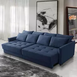 Sofá Cama Retrátil e Reclinável 2,10m com Molas Carol Veludo Azul Adonai Estofados