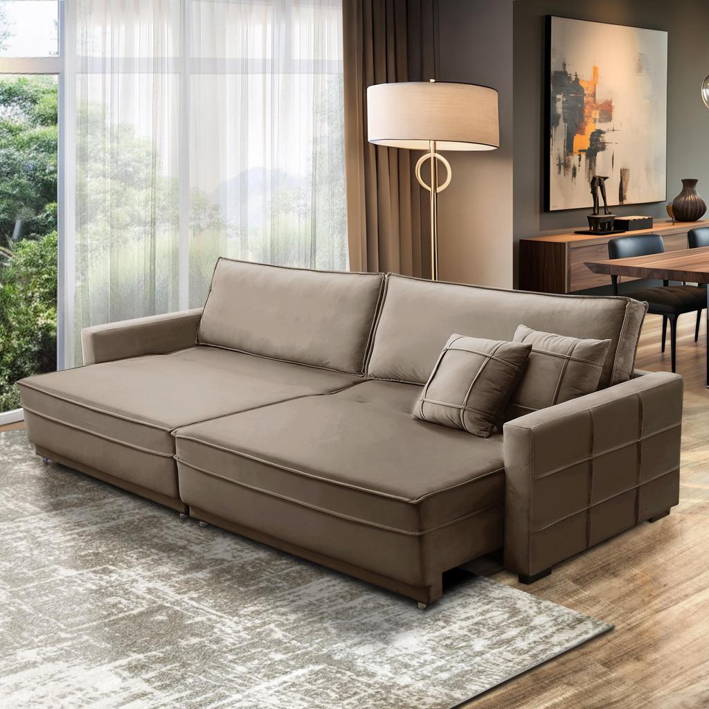 Sofá Cama Retrátil e Reclinável 2,10m com Molas Karen Veludo Cappuccino Adonai Estofados em Oferta na Shopee