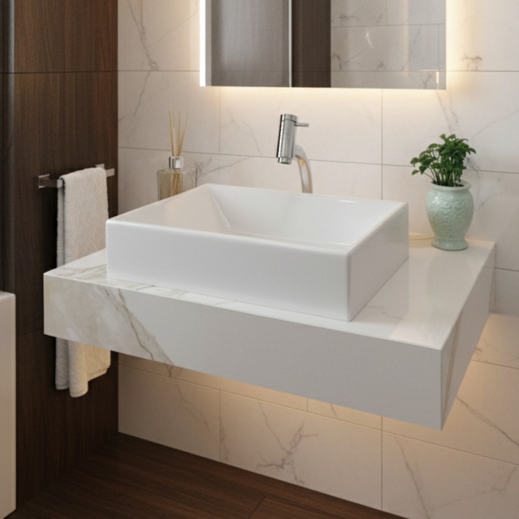 Pia Banheiro 62x40 Porcelanato Kit com Cuba e Suportes Pronto para Instalar Elite Premium