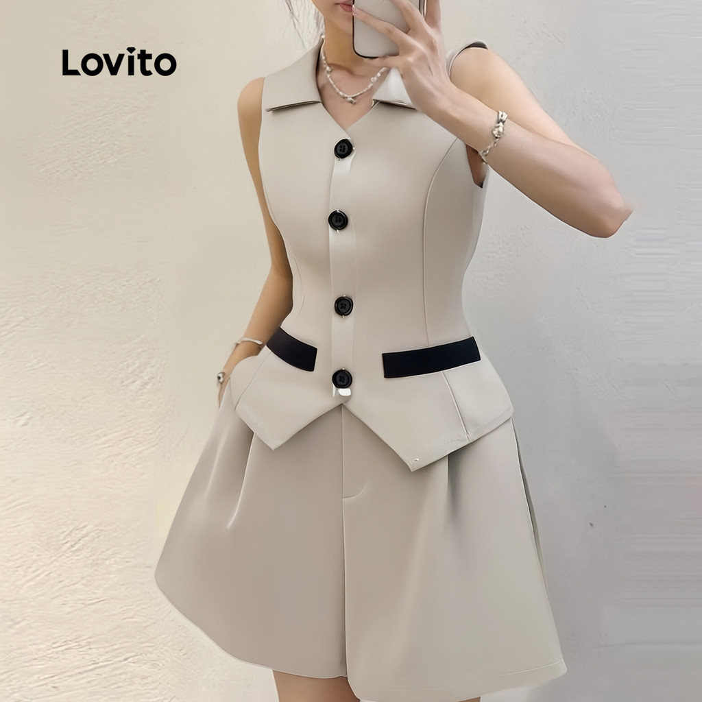 Detalhes do Lovito Conjunto de Shorts Elegantes com Acabamento em Contraste  Primavera/verão  Top cáqui LBL27032
