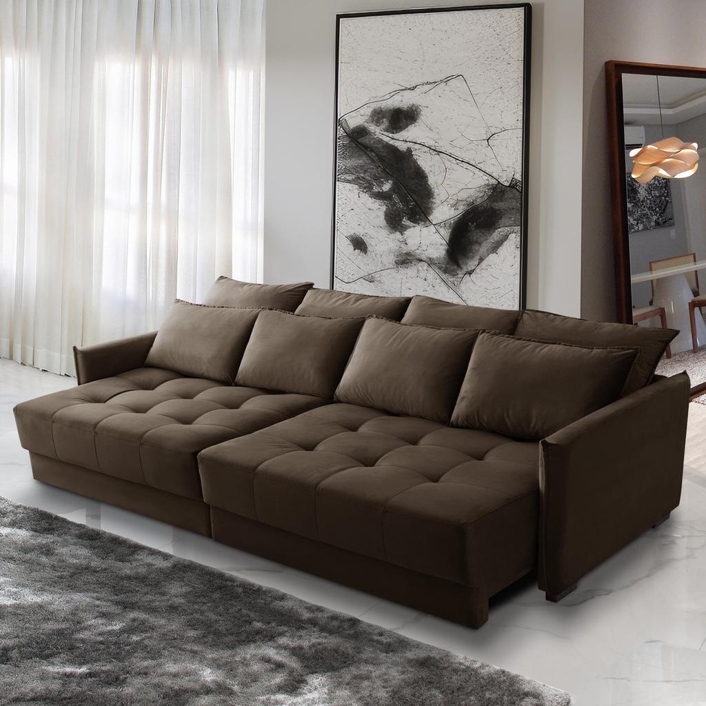 Sofá Cama Retrátil e Reclinável 2,30m com Molas Carol Veludo Marrom Adonai Estofados em Oferta na Shopee