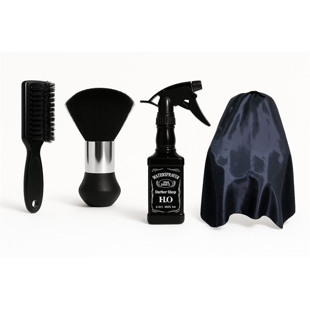 Kit Capa Preta, Borrifador Jack Preto, Espanador Preto Detalhe Prata e Escovinha Degrade Preto