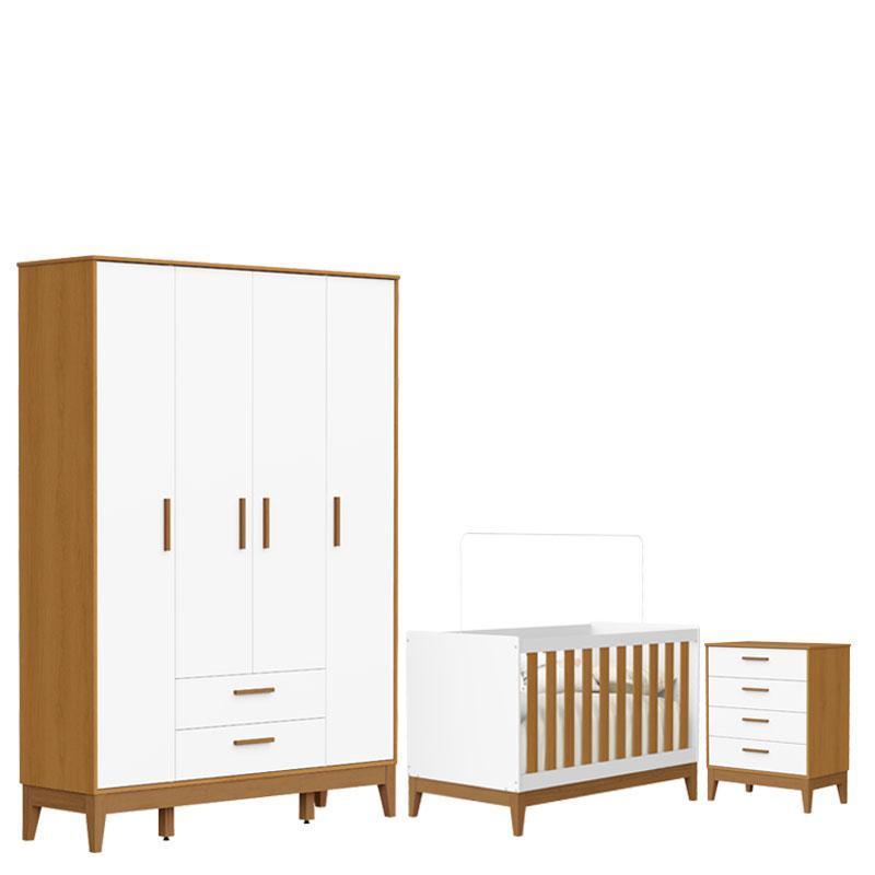 Quarto de Bebê Flip Guarda Roupa 4 Portas Branco Acetinado Savana com Colchão Gazin - Reller