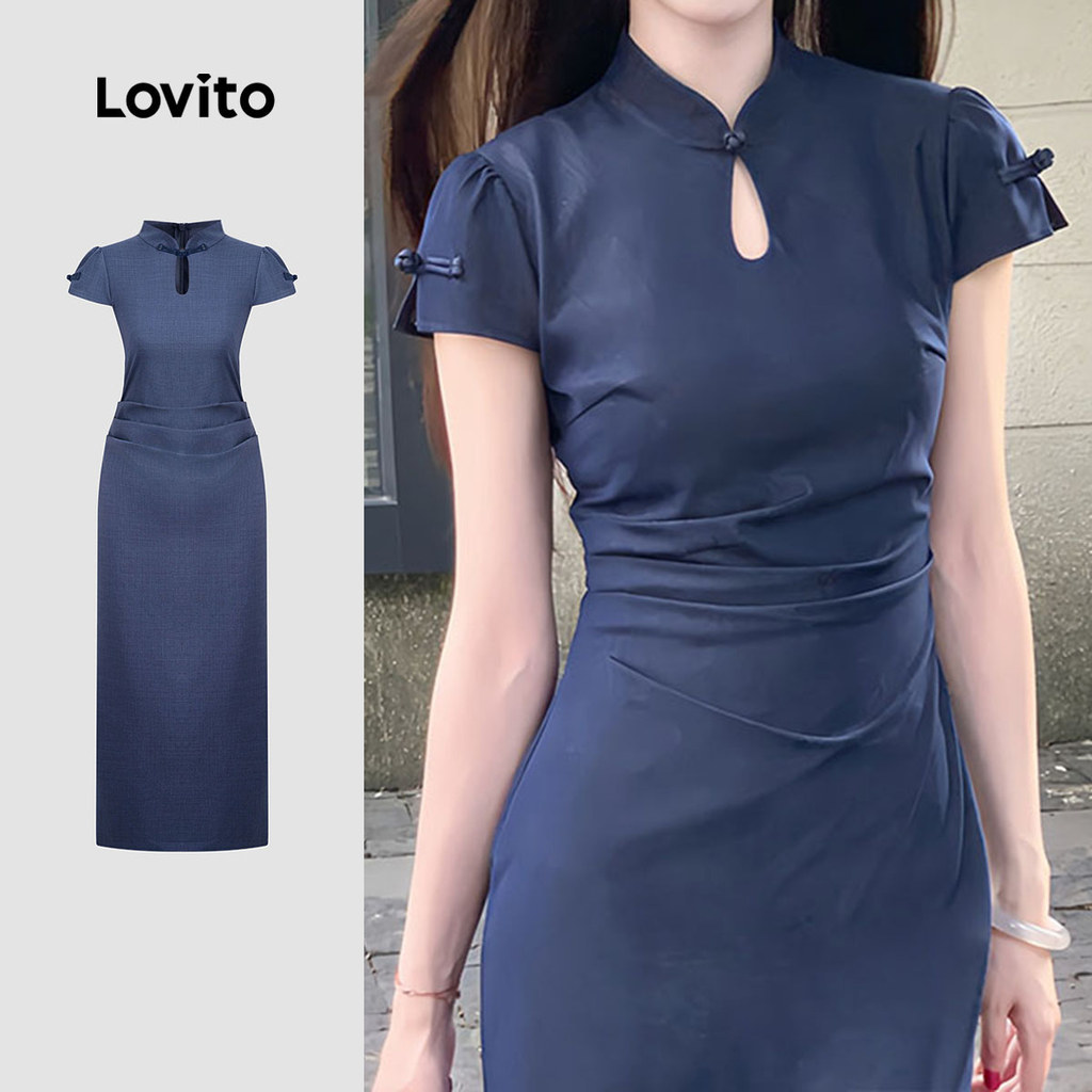 Lovito Vestido Casual Azul Com Recortes E Franzidos Para Primavera/verão L159AD140