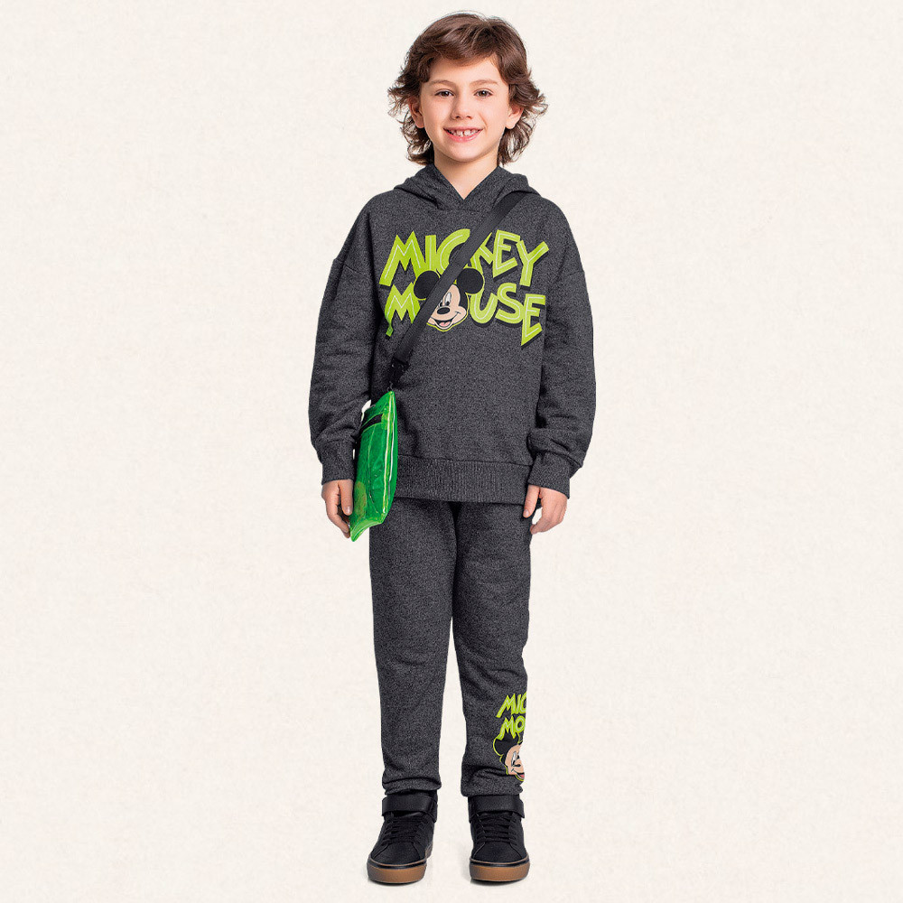 Conjunto infantil blusão com capuz e calça em moletom Mickey Mouse Fakini