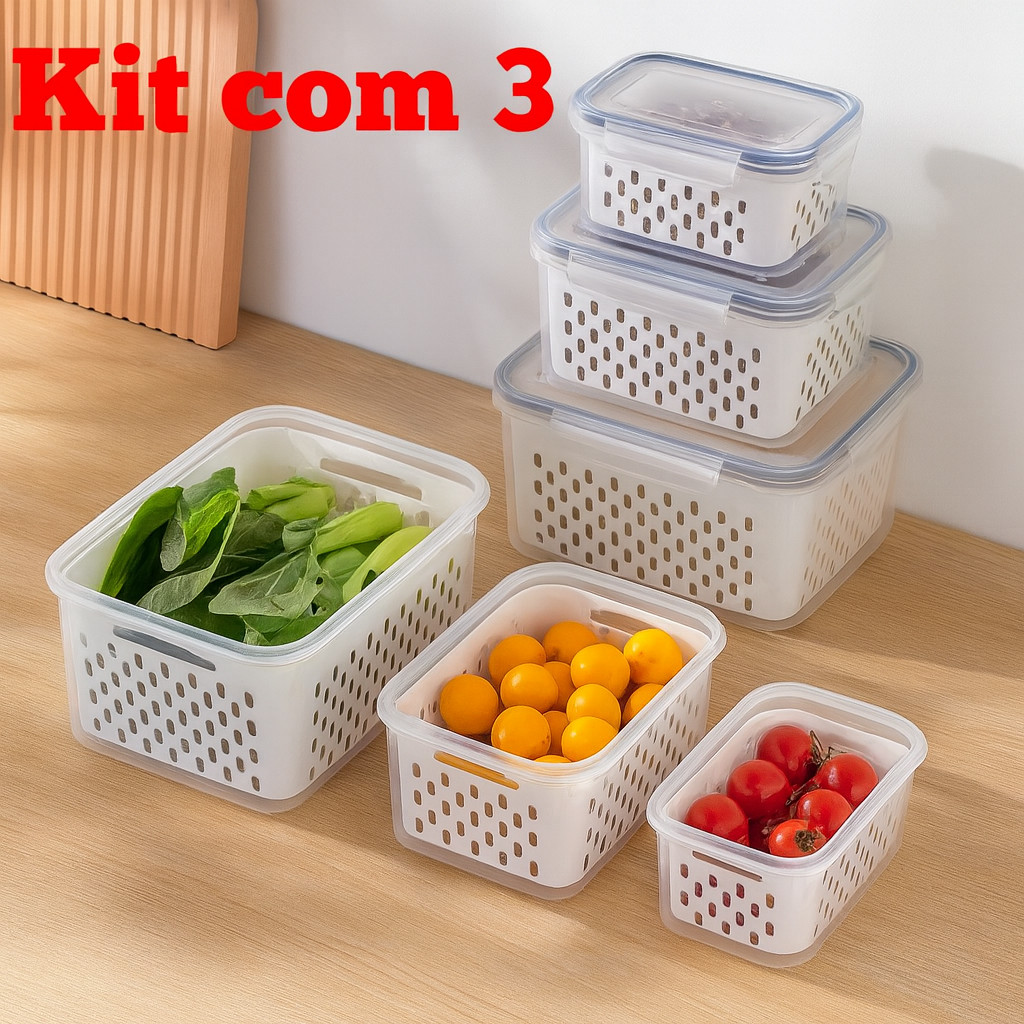 Kit 3 potes Organizadores Geladeira Herméticos Cozinha Alimentos Com Cesto Removível Lavar Fruta
