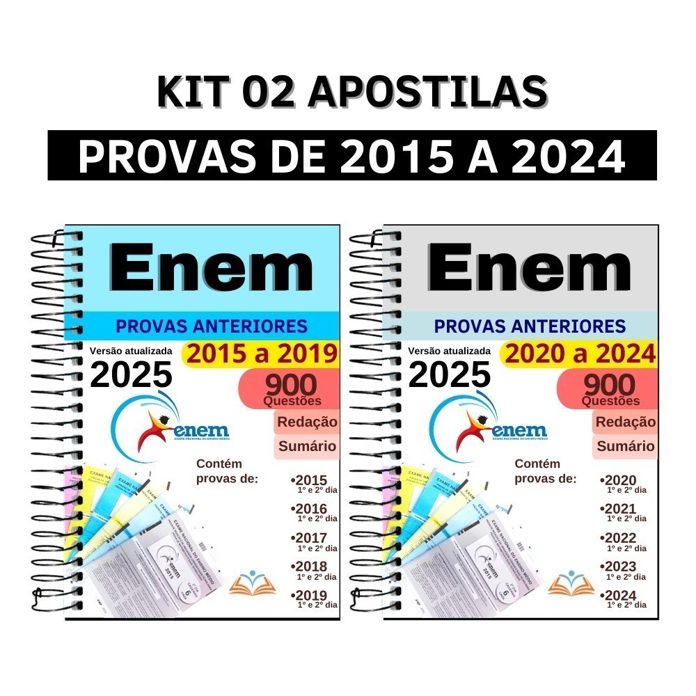Kit Enem 2025 02 Apostilas com10 Anos De Provas Anteriores Questões 2015 A 2024 e Gabaritos