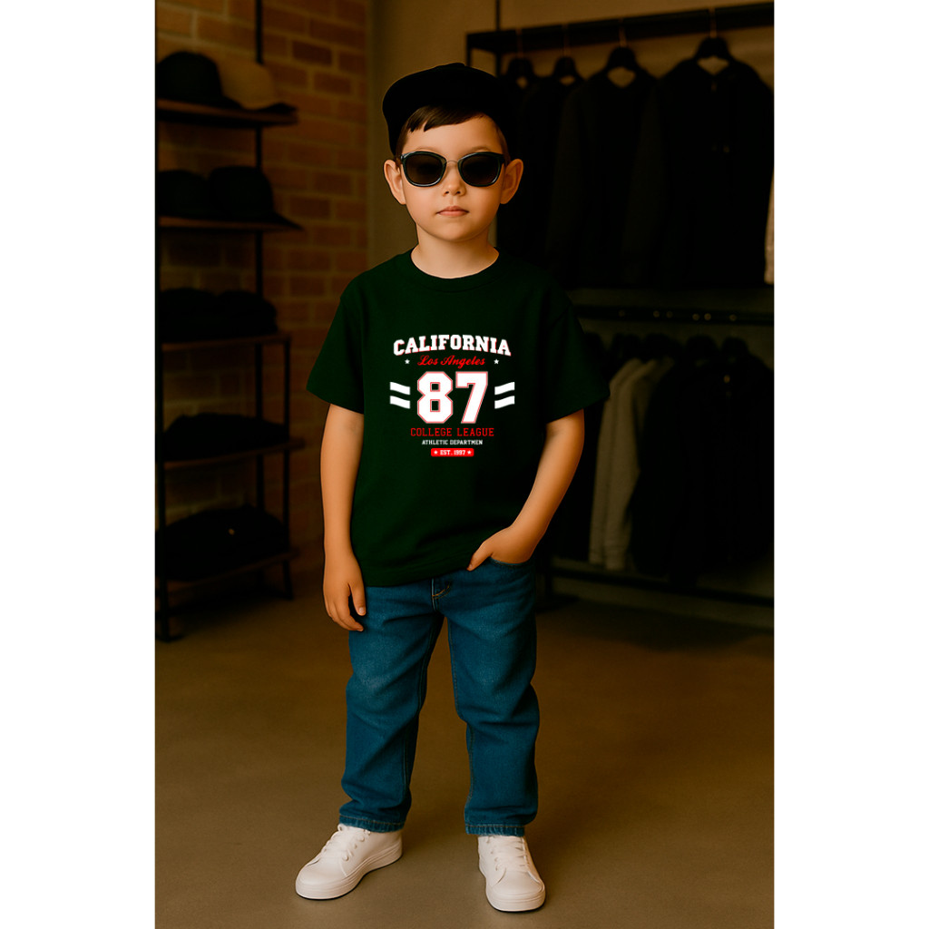 T-shirt Camiseta Premium Infantil Masculina California 87 Basquete Streetwear Menino 100%Algodão para Meninos Jovens Env