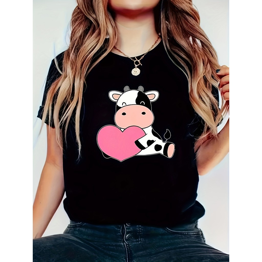 Linda Camiseta Feminina Vaca Cartoon Estampa Colorida Divertida Estilosa Confortável Fofa Moda Primavera Verão Premium 3