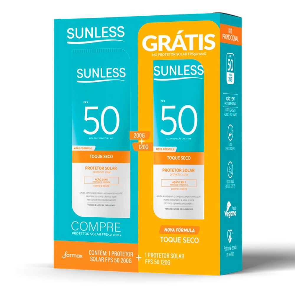 Protetor Solar Sunless FPS 50 Toque Seco 200g e Ganhe Protetor Solar Sunless FPS 50 Toque Seco 120g em Oferta na Shopee
