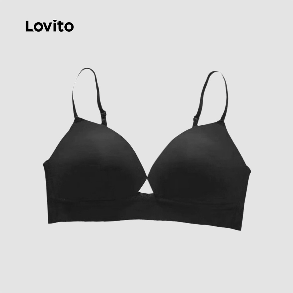 Detalhes do Lovito Sutiã Push-up Sexy Sem Fio Confortável Para a Pele Com Recorte Verão Primavera Preto Para Mulheres LNA104007