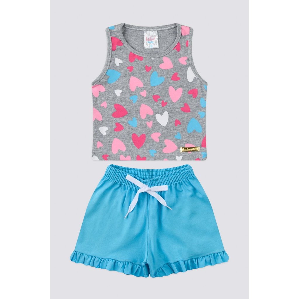 Conjunto Primeiros Passos Feminino Cotton Mescla Com Turquesa Claro