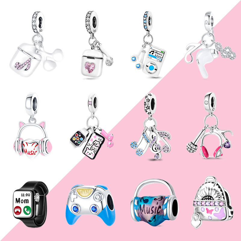 100% S925 prata esterlina charme música fone de ouvido moda contas adequadas para pulseiras e colares jóias DIY