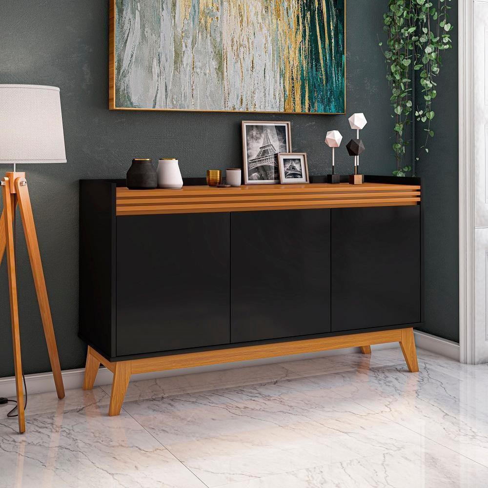 Buffet Aparador Ripado Com 3 Portas Monaco 136cm - Preto E Cedro em Oferta na Shopee