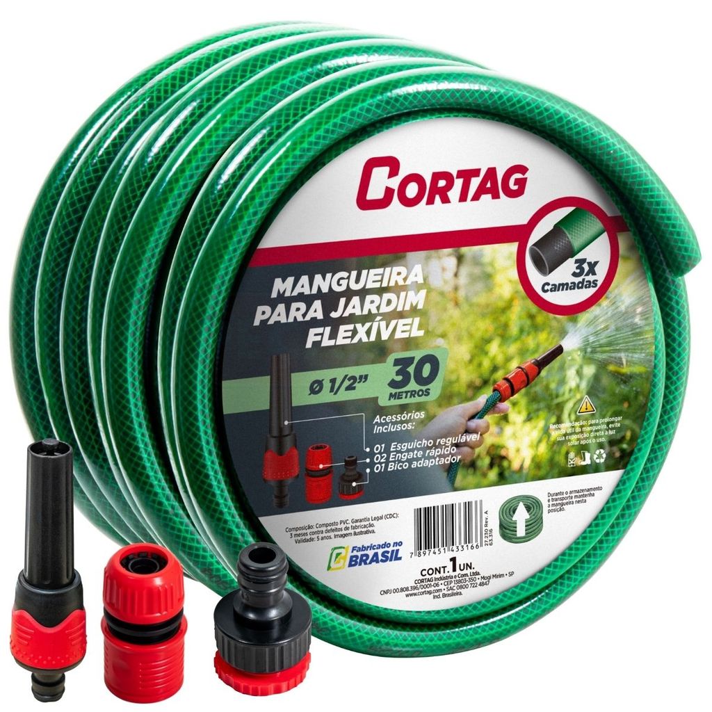 Mangueira Trançada 30M Meia Polegada Para Jardim, Quintal, Casa Com Esguicho 20 Metros - Cortag