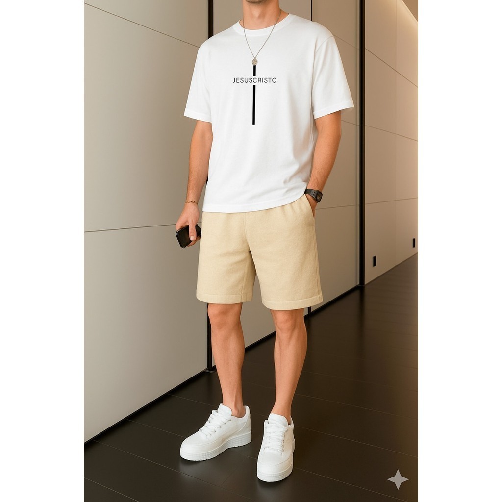 2 Peças Masculina Camiseta Bermuda Conjunto Jesus Lançamento Sofisticado Algodão Nobre