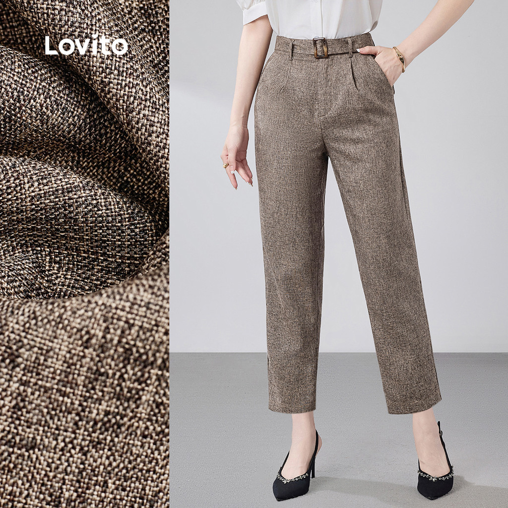 (Lovito Refine) Calças Elegantes com Cinto Botão e Bolso Calças de Primavera/verão em marrom LR21E225 em Oferta na Shopee